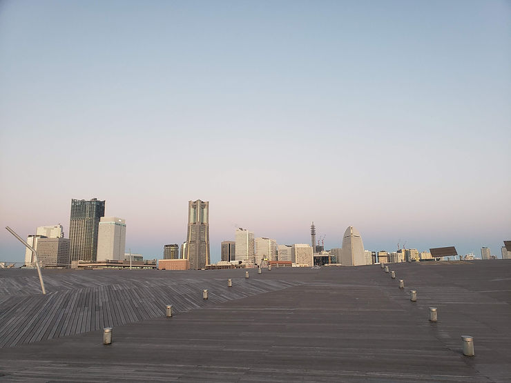 Empty wooden rooftop deck overlooking a modern city skyline at dusk under a pale blue-pink sky