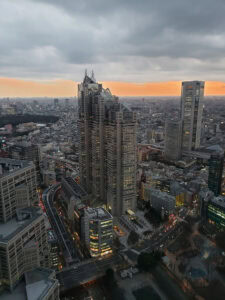 Cityscape with tall skyscrapers under a cloudy sky at dusk. Streetlights and buildings are illuminated, with a vibrant orange horizon.