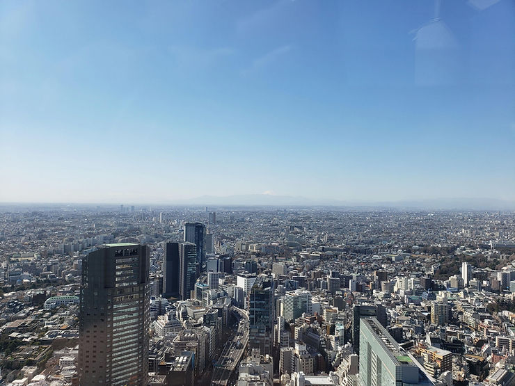 City skyline with tall buildings under a clear blue sky. Mount Fuji visible in the distance, creating a serene and expansive view.