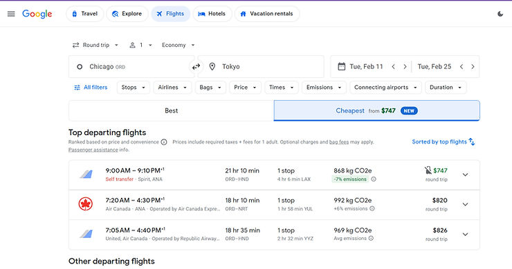 Flight search from Chicago to Tokyo on Google. Shows top flight options, prices from $747, durations, emissions, and stops.