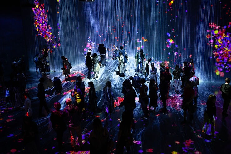 People explore an immersive art exhibit with colorful digital projections of flowers and abstract patterns on walls and floors, creating a surreal atmosphere.