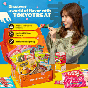 Official TokyoTreat Japanese snack box promotional banner featuring an open box filled with treats and a woman holding a KitKat.