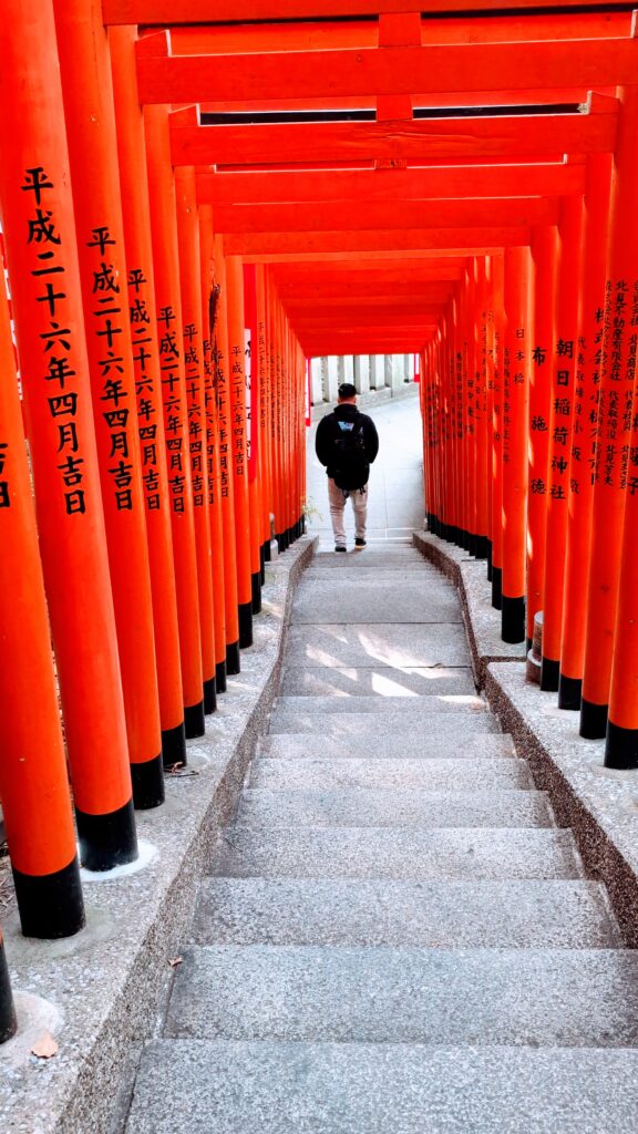 Person walking through vibrant red torii gates at in Tokyo