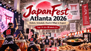 Crowd at JapanFest Atlanta 2026 with traditional decorations and food stalls.