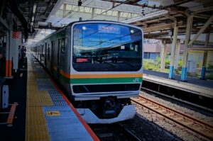 Modern Japan Rail train at station platform in Japan.